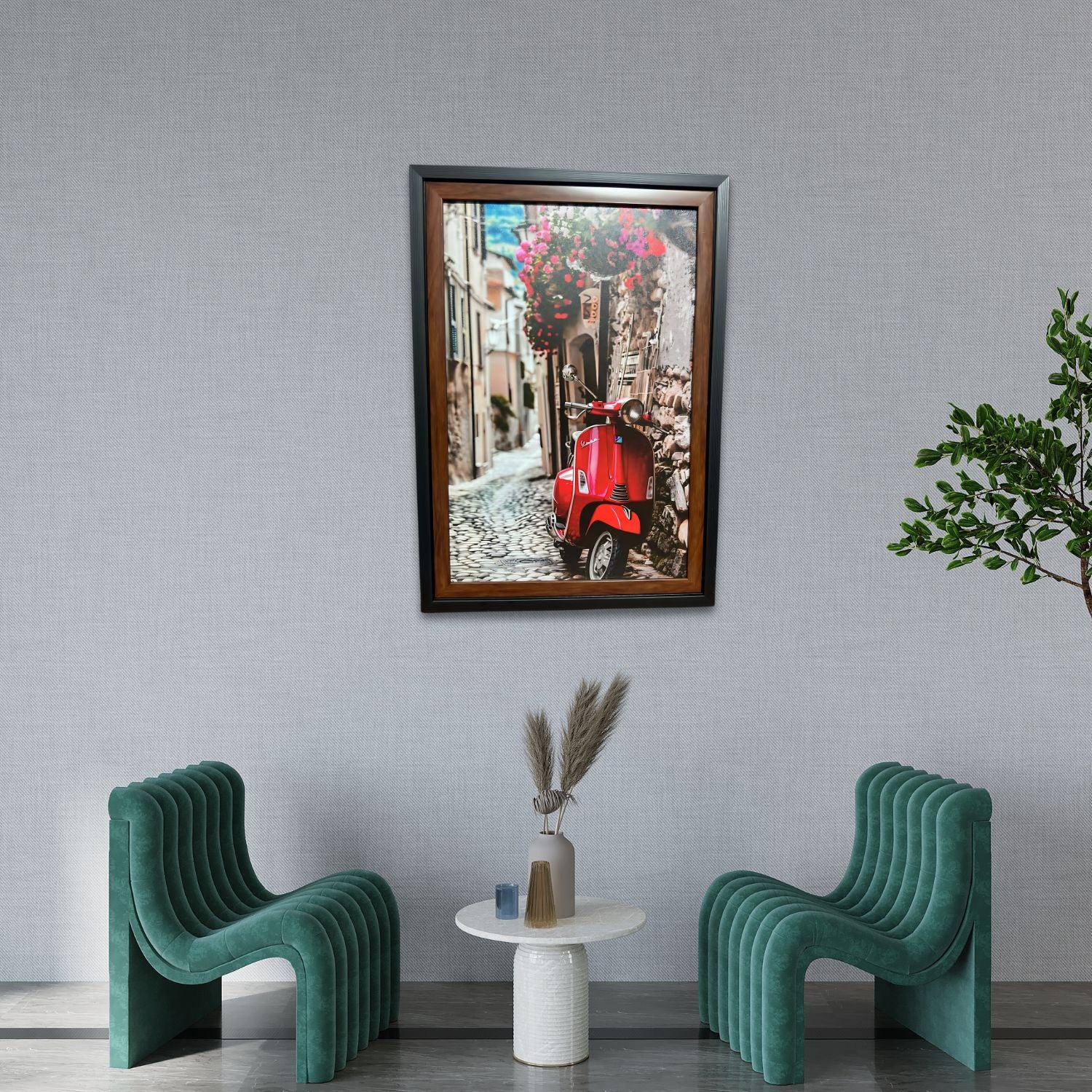 Red Vespa On Cobblestone Street - Framed Urban Vintage Travel Wall Art