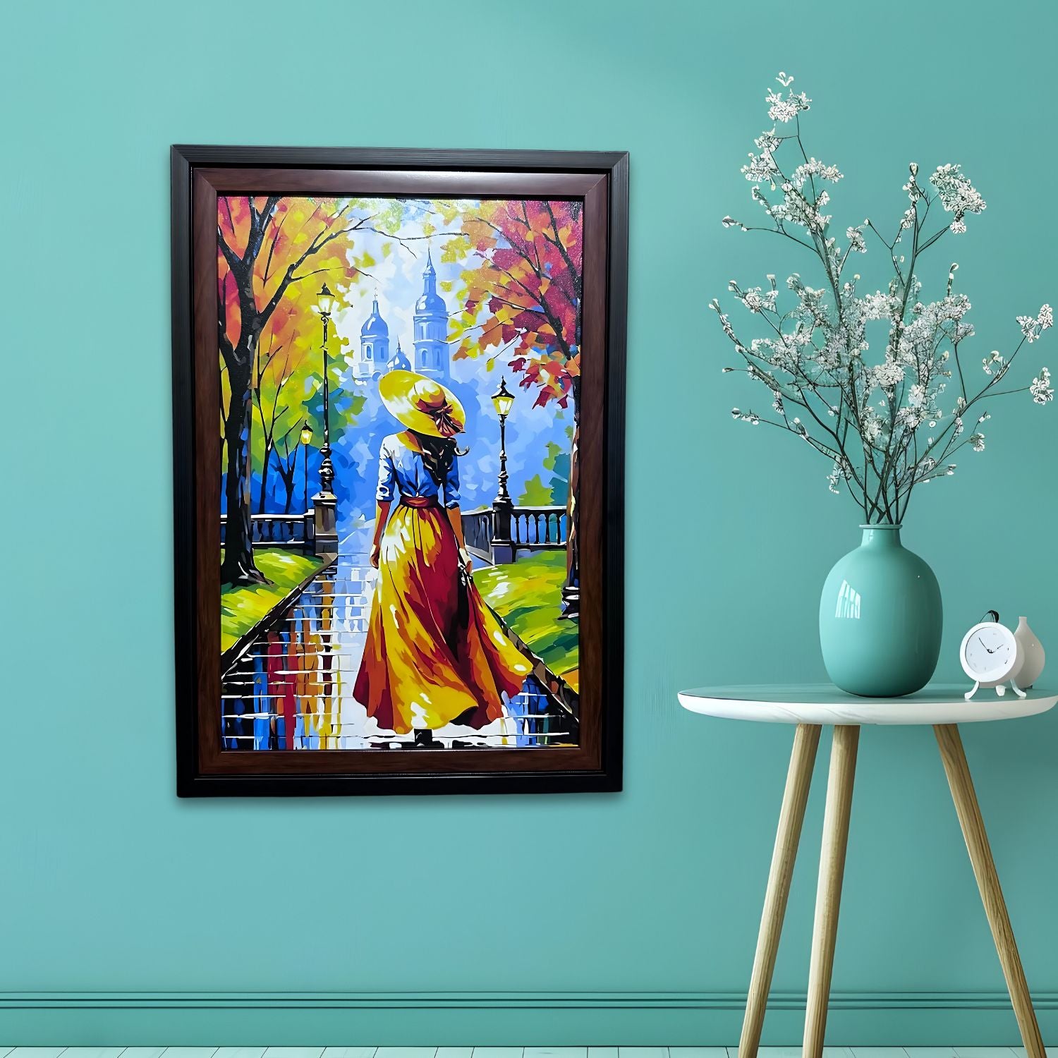 Elegant Lady Walking in Autumn Park - Framed Colorful Canvas Wall Art