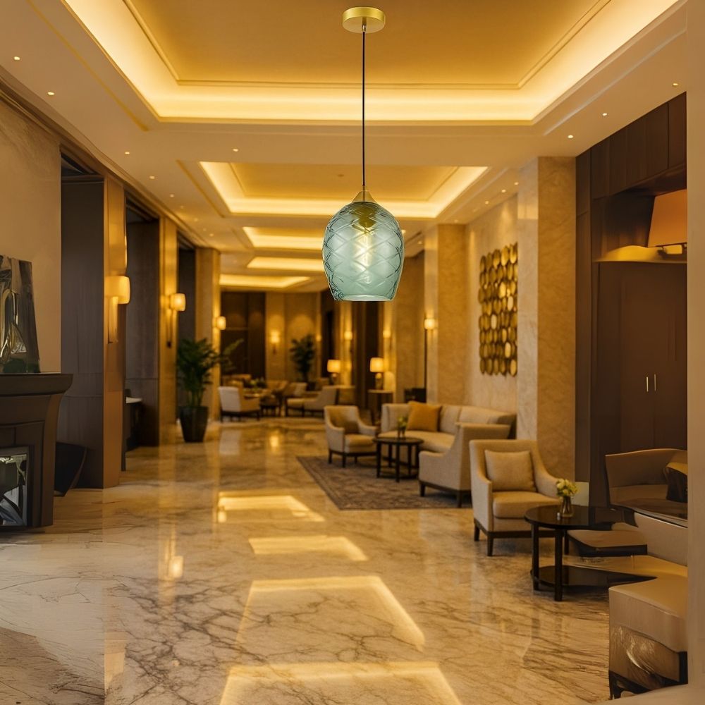 Elegant Amber, Green & Coffee Glass Pendant Light With Textured Metal Fixture