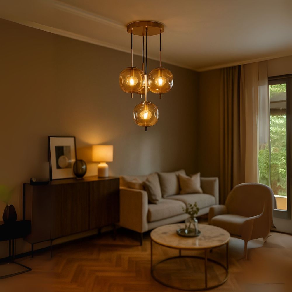 Designer 4-Light Amber/Smoke Grey Glass Pendant - Antique Gold Modern Ceiling Chandelier