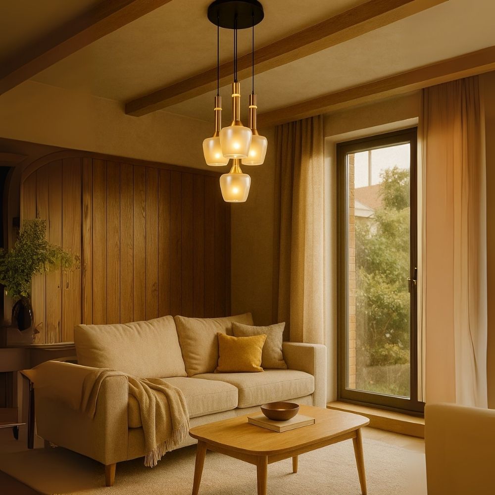 Luxury Amber/Smoke Grey Glass Pendant Light - Black Antique Gold 4-Light Chandelier