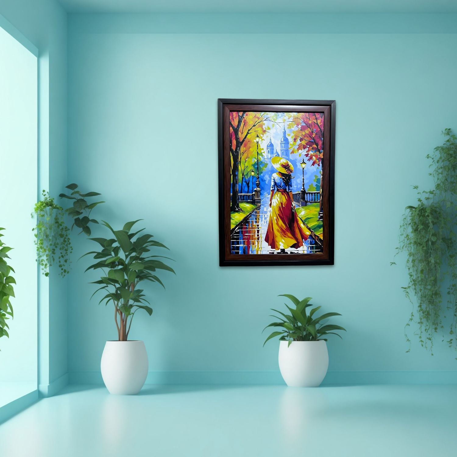 Elegant Lady Walking in Autumn Park - Framed Colorful Canvas Wall Art