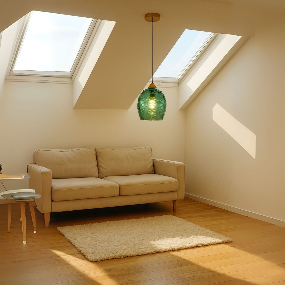 Elegant Amber, Green & Coffee Glass Pendant Light With Textured Metal Fixture