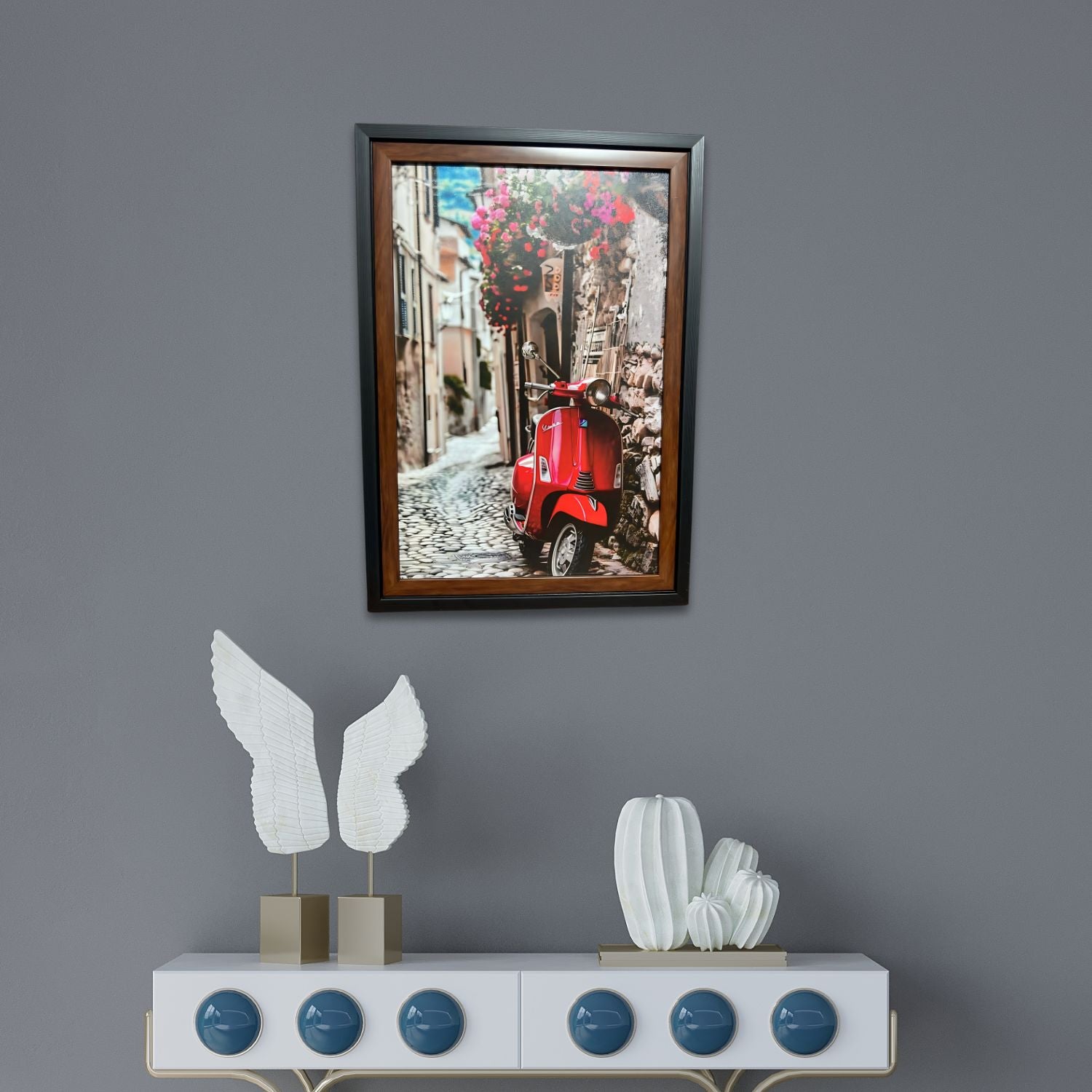 Red Vespa On Cobblestone Street - Framed Urban Vintage Travel Wall Art