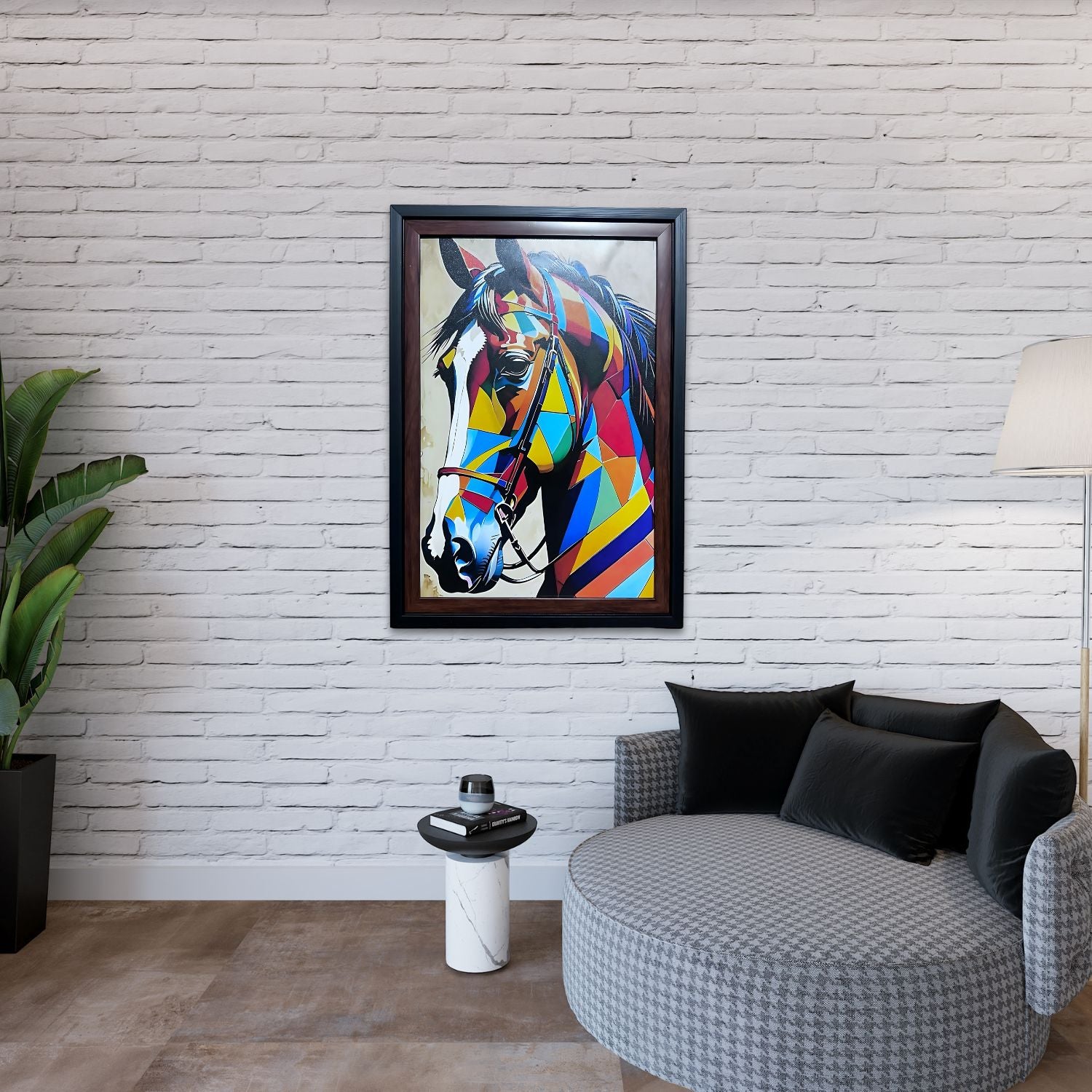 Vibrant Geometric Horse Painting With Frame - Colorful Modern Wall Art