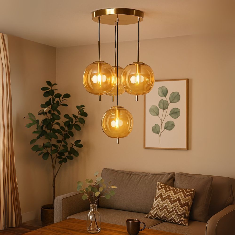 Designer 4-Light Amber/Smoke Grey Glass Pendant - Antique Gold Modern Ceiling Chandelier