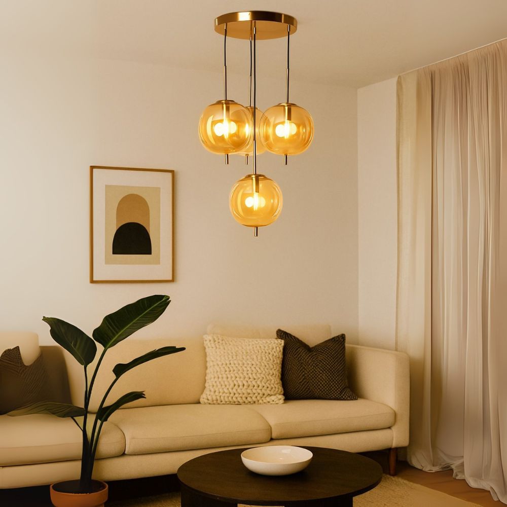 Designer 4-Light Amber/Smoke Grey Glass Pendant - Antique Gold Modern Ceiling Chandelier