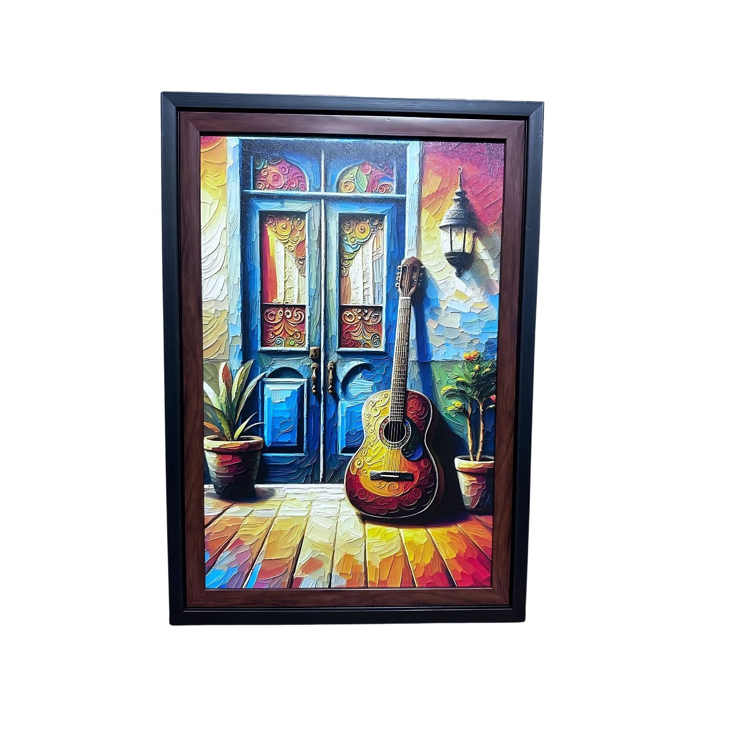 Rustic Guitar by Colorful Doorway - Framed Artistic Wall Painting Print