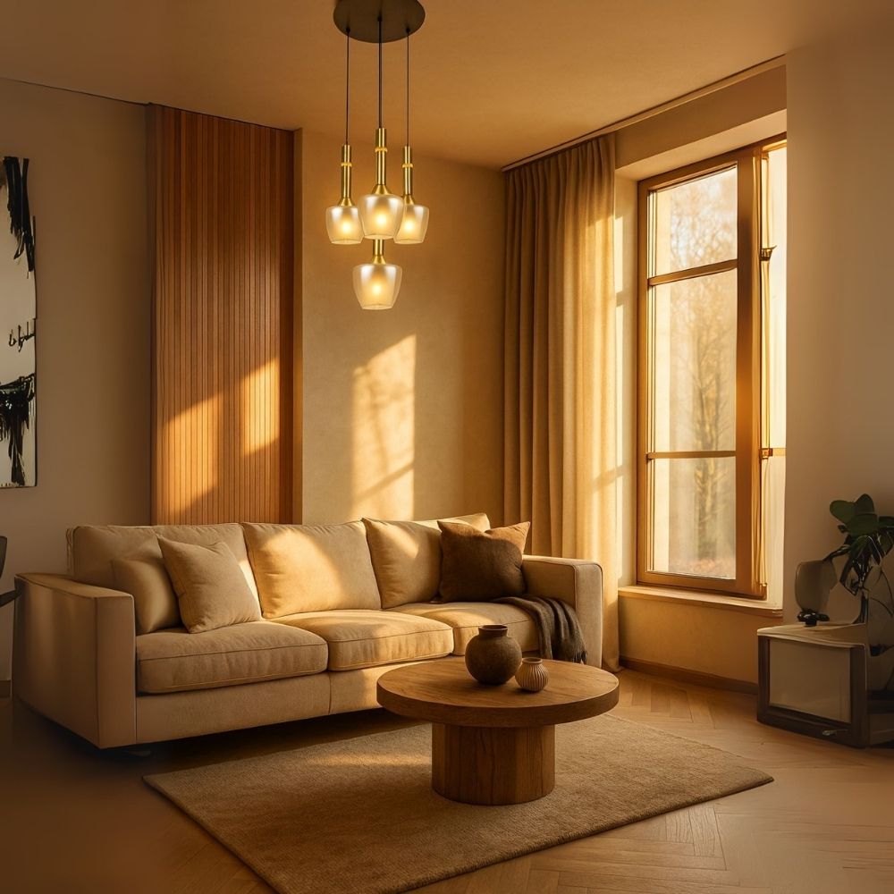 Luxury Amber/Smoke Grey Glass Pendant Light - Black Antique Gold 4-Light Chandelier