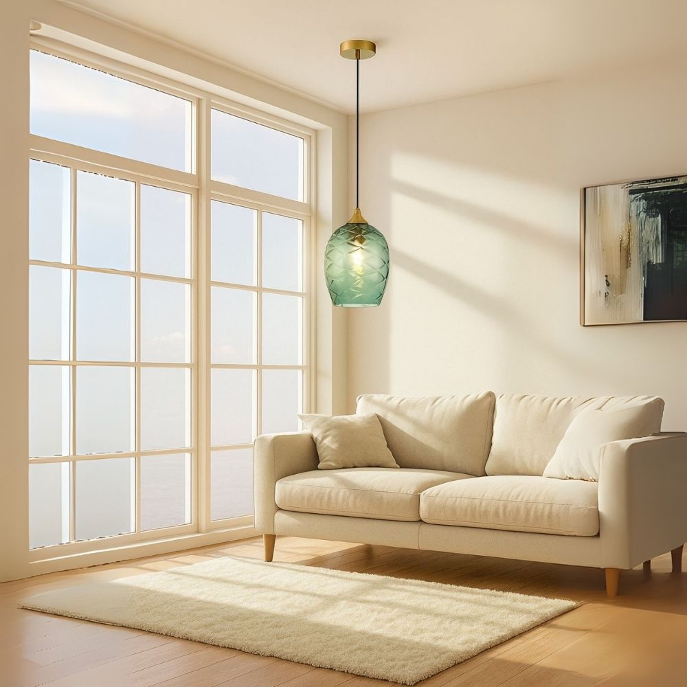 Elegant Amber, Green & Coffee Glass Pendant Light With Textured Metal Fixture