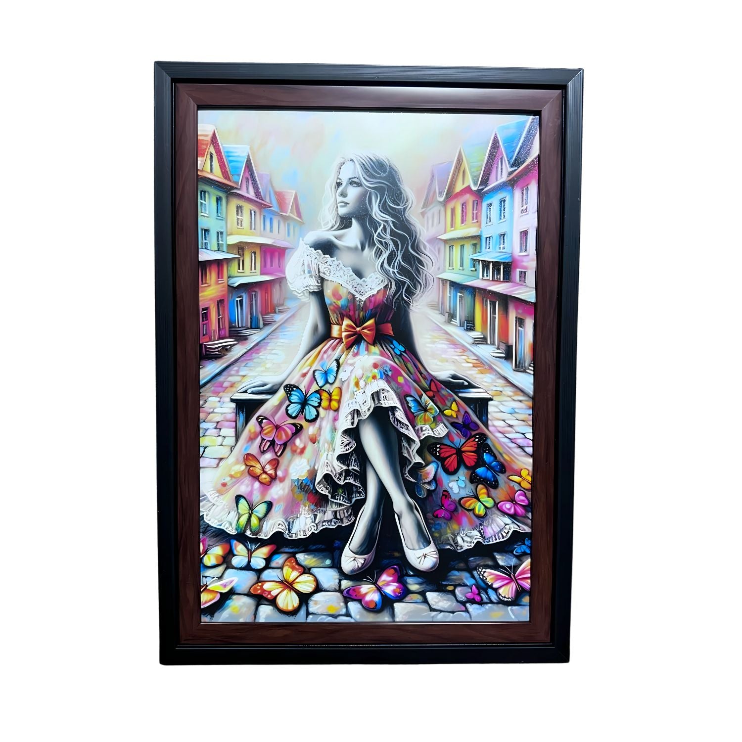 Colorful Butterfly Girl Painting With Frame - Dreamy Urban Street Art