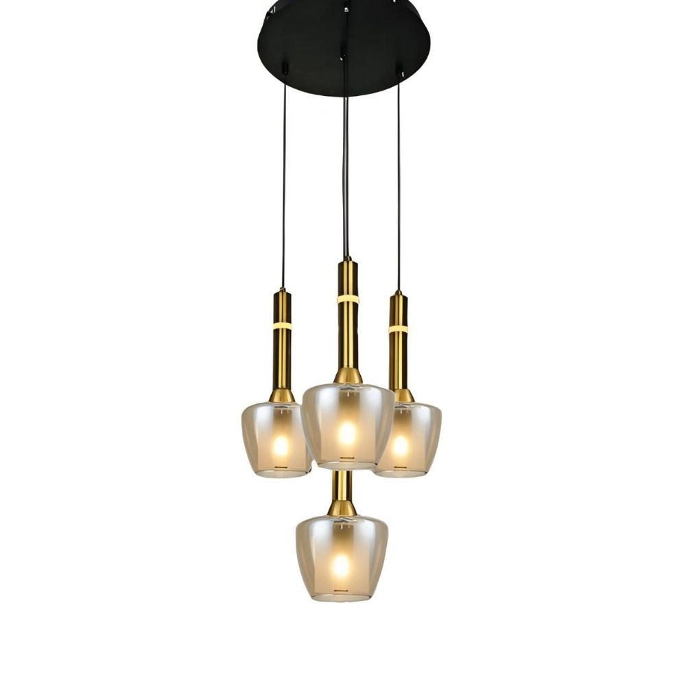 Luxury Amber/Smoke Grey Glass Pendant Light - Black Antique Gold 4-Light Chandelier