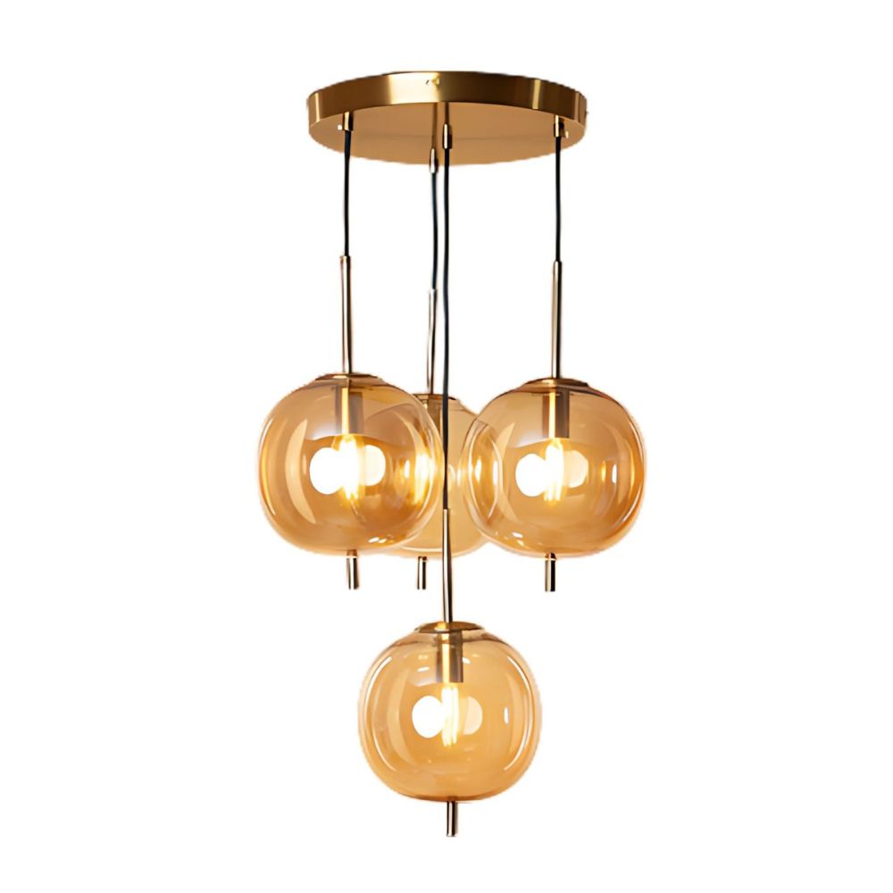 Designer 4-Light Amber/Smoke Grey Glass Pendant - Antique Gold Modern Ceiling Chandelier