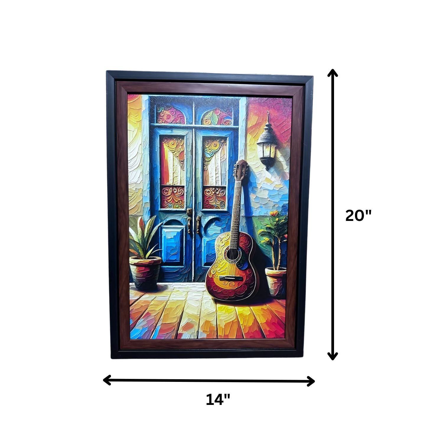 Rustic Guitar by Colorful Doorway - Framed Artistic Wall Painting Print
