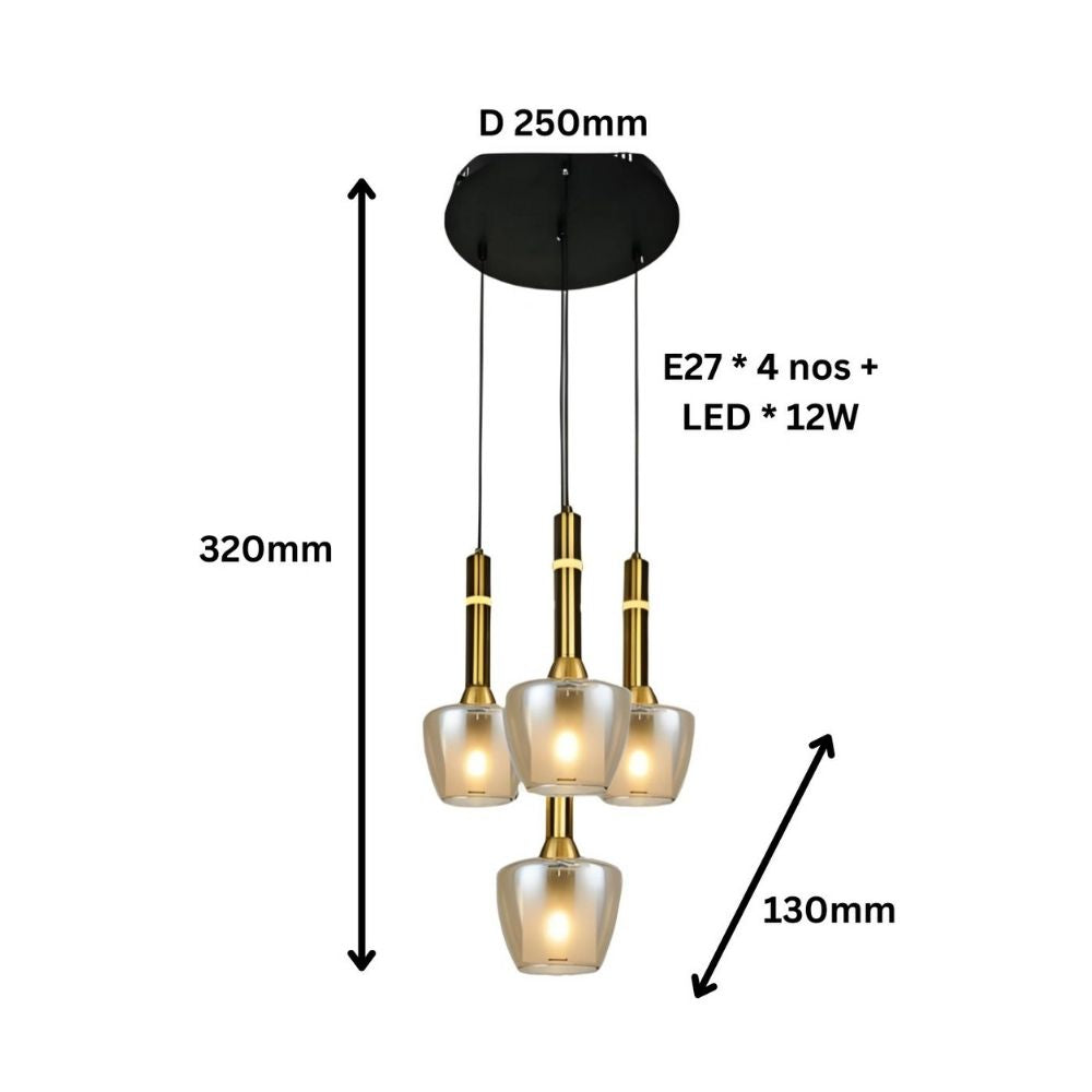 Luxury Amber/Smoke Grey Glass Pendant Light - Black Antique Gold 4-Light Chandelier