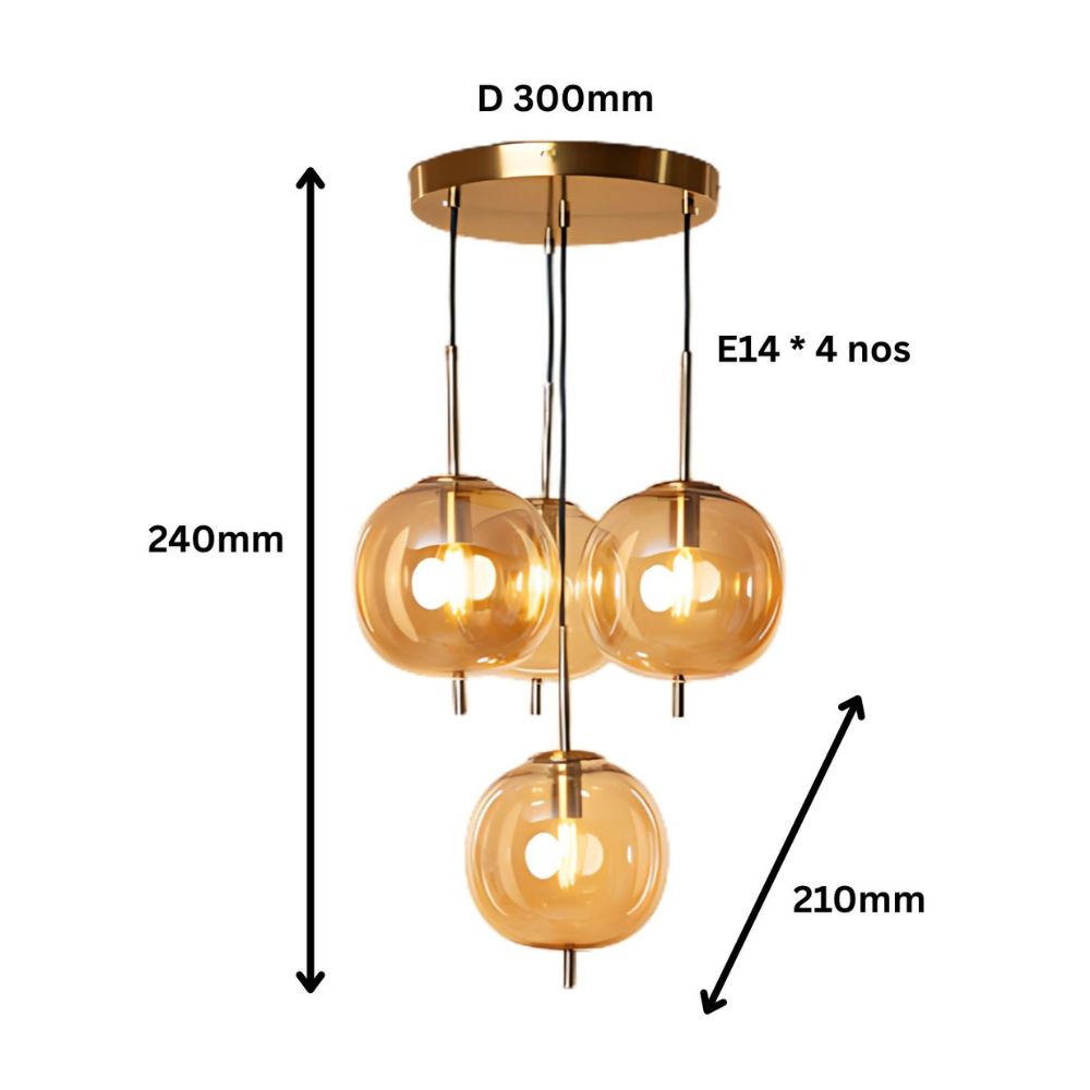 Designer 4-Light Amber/Smoke Grey Glass Pendant - Antique Gold Modern Ceiling Chandelier