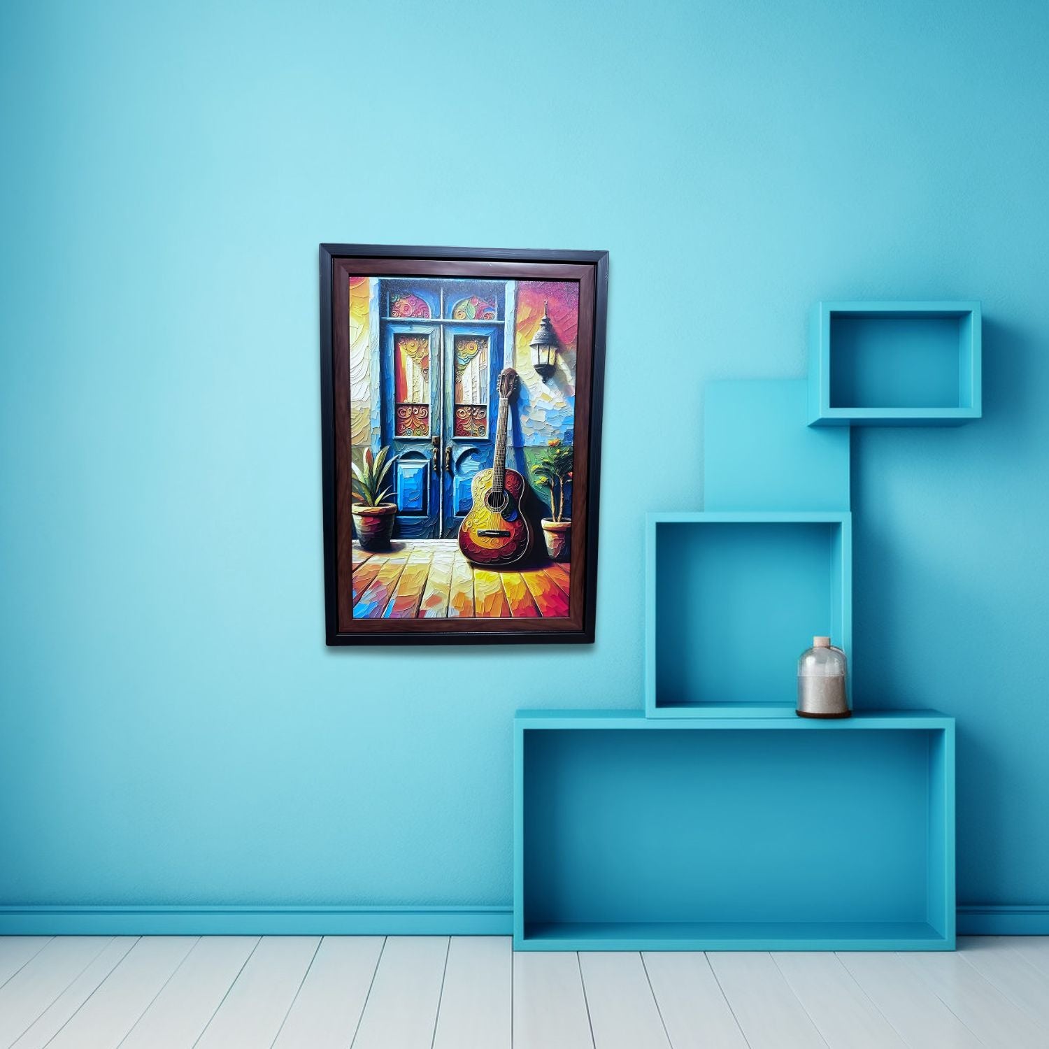 Rustic Guitar by Colorful Doorway - Framed Artistic Wall Painting Print