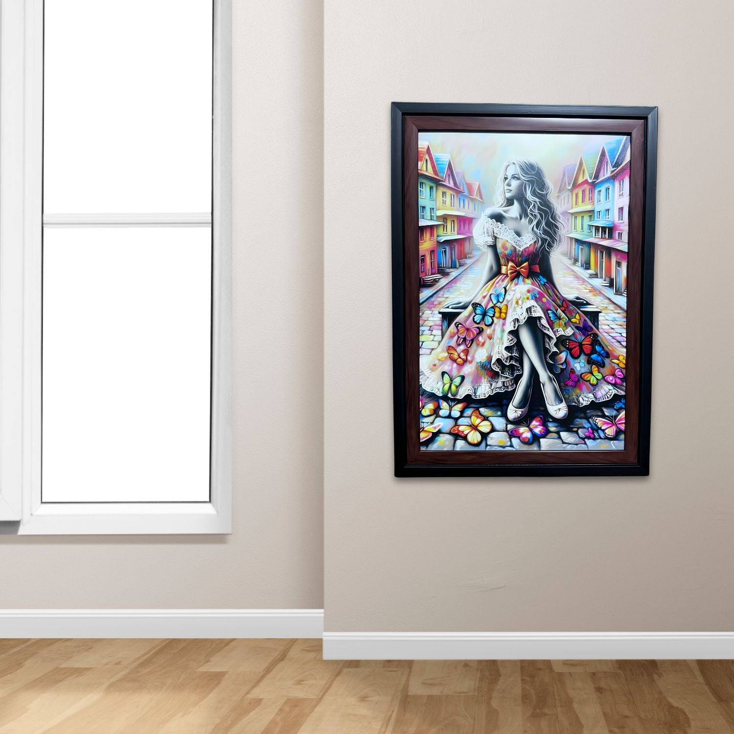 Colorful Butterfly Girl Painting With Frame - Dreamy Urban Street Art