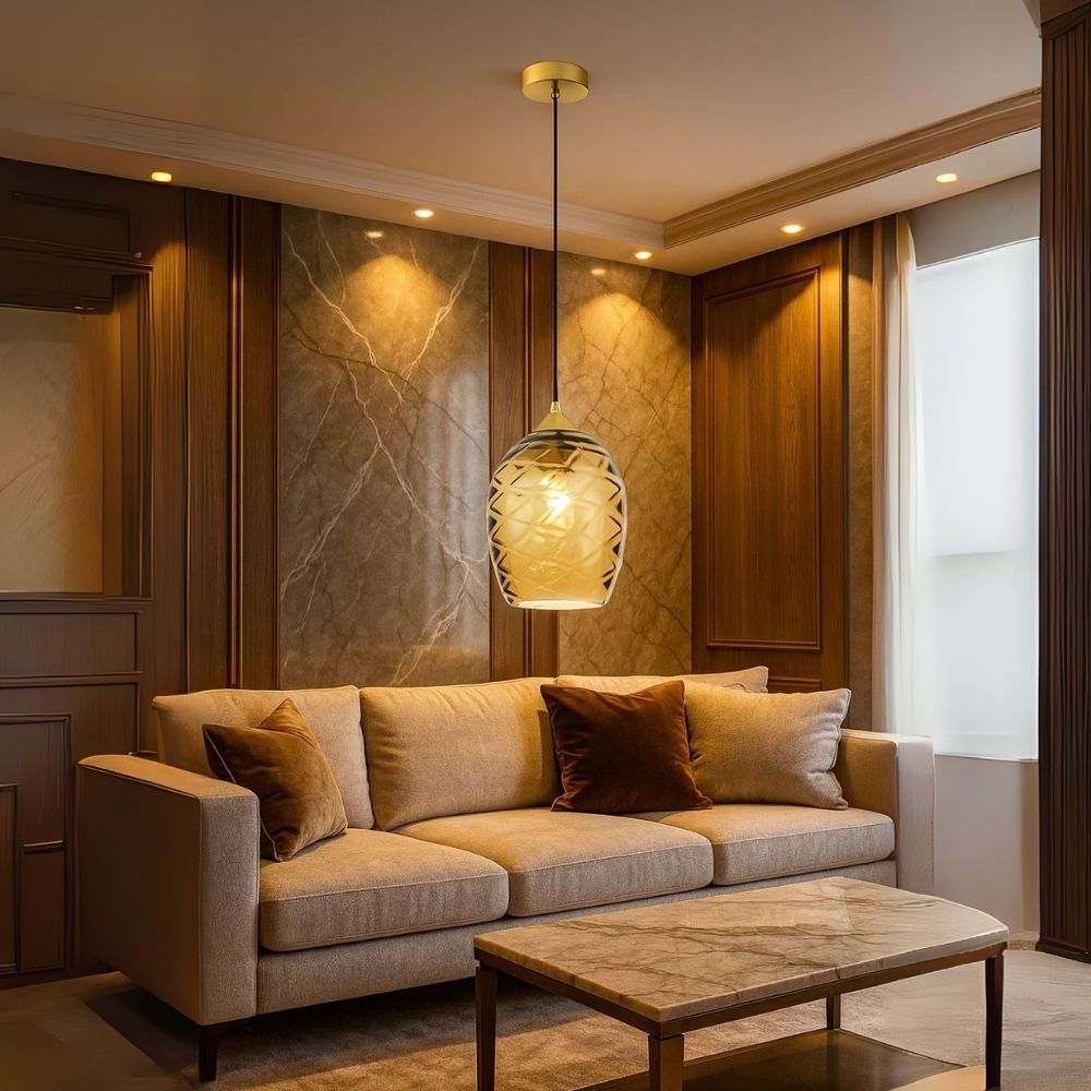 Elegant Amber, Green & Coffee Glass Pendant Light With Textured Metal Fixture