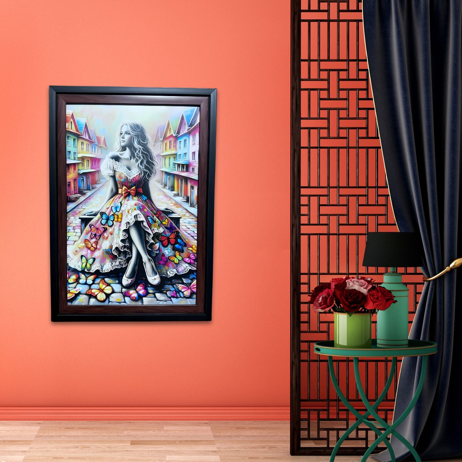 Colorful Butterfly Girl Painting With Frame - Dreamy Urban Street Art