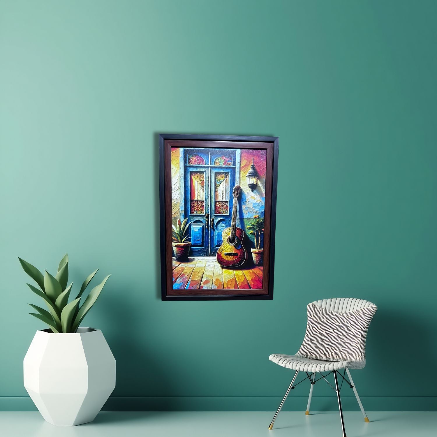 Rustic Guitar by Colorful Doorway - Framed Artistic Wall Painting Print