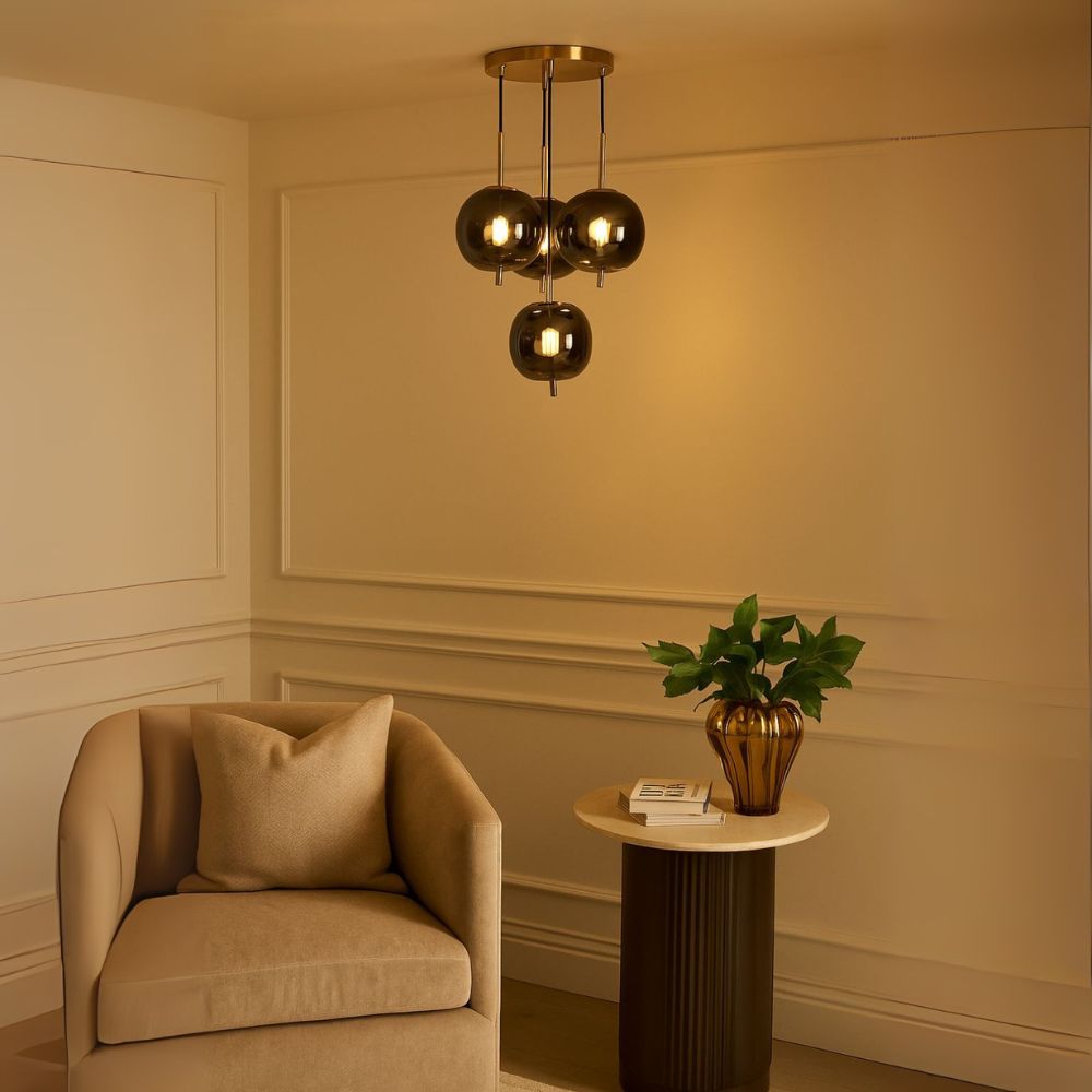 Designer 4-Light Amber/Smoke Grey Glass Pendant - Antique Gold Modern Ceiling Chandelier