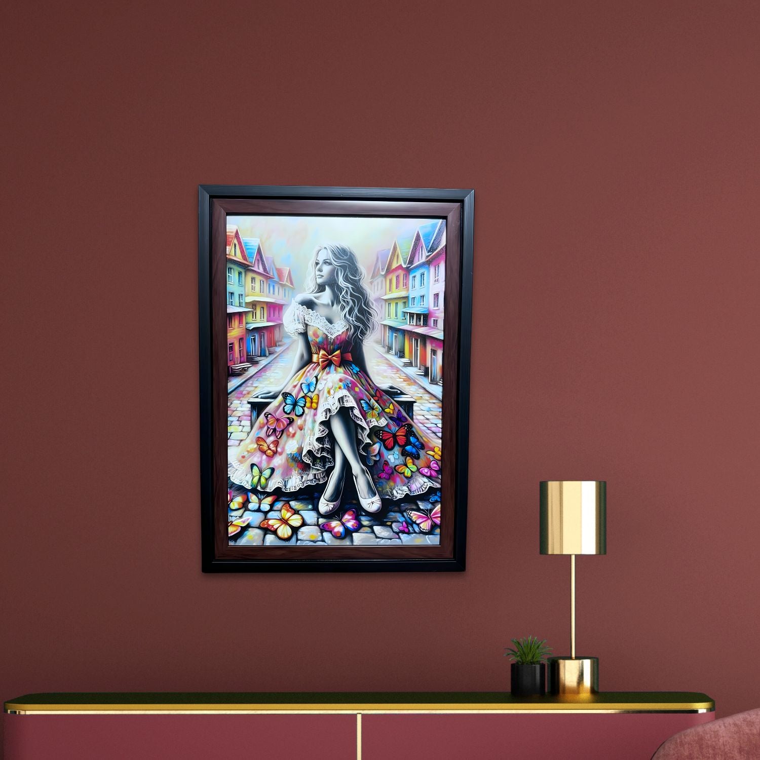 Colorful Butterfly Girl Painting With Frame - Dreamy Urban Street Art