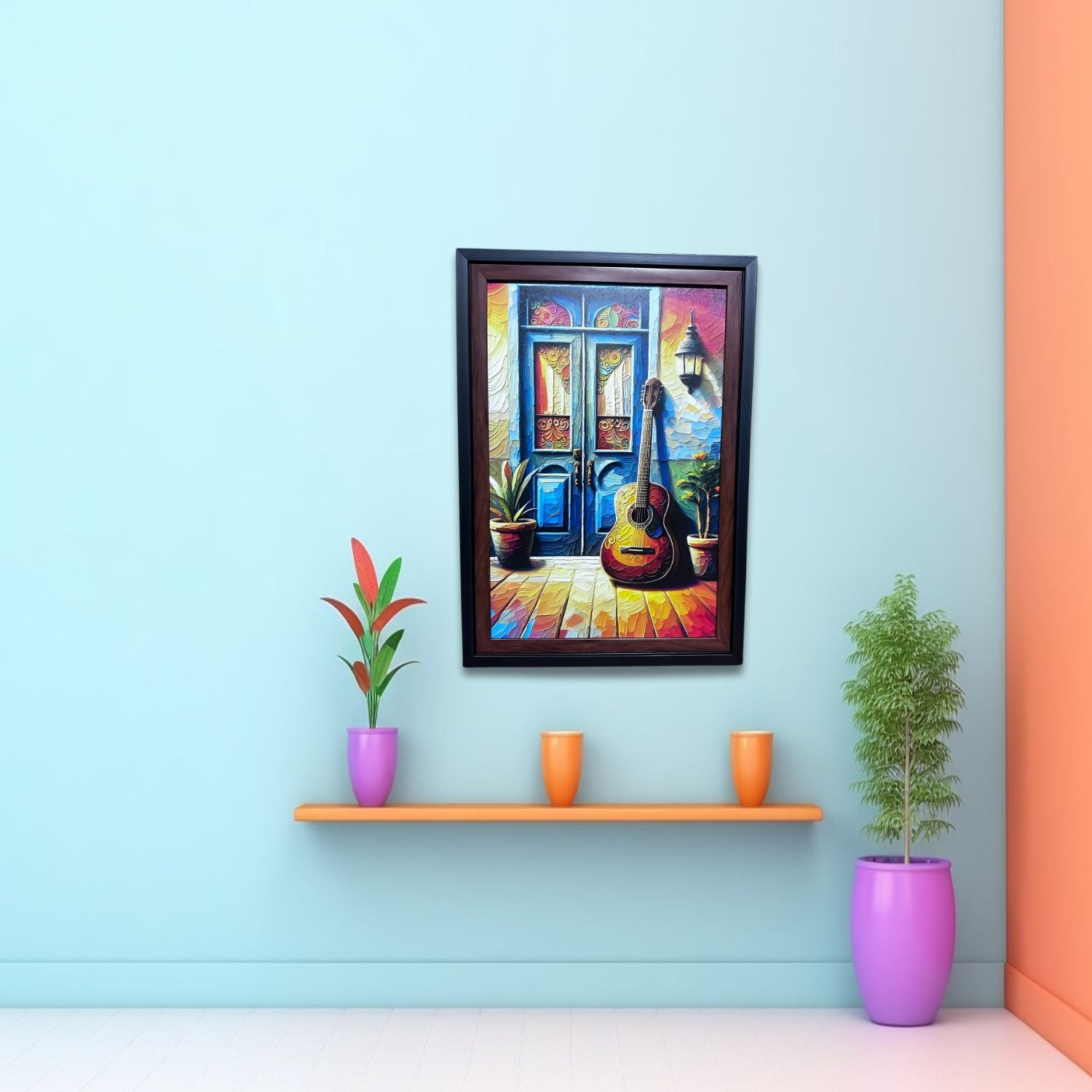 Rustic Guitar by Colorful Doorway - Framed Artistic Wall Painting Print