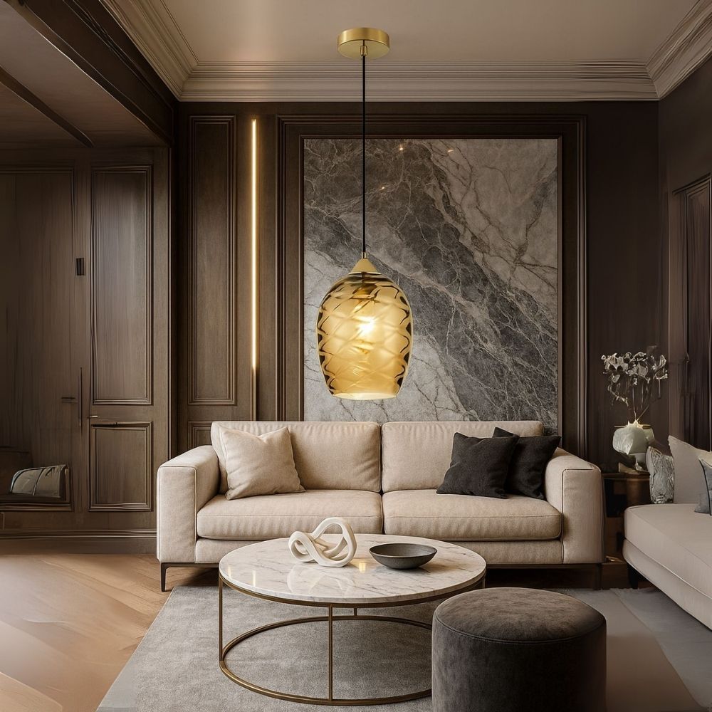 Elegant Amber, Green & Coffee Glass Pendant Light With Textured Metal Fixture