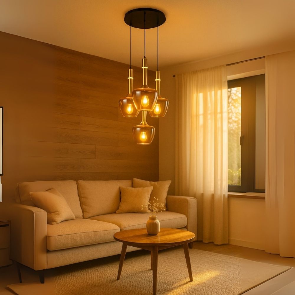 Luxury Amber/Smoke Grey Glass Pendant Light - Black Antique Gold 4-Light Chandelier