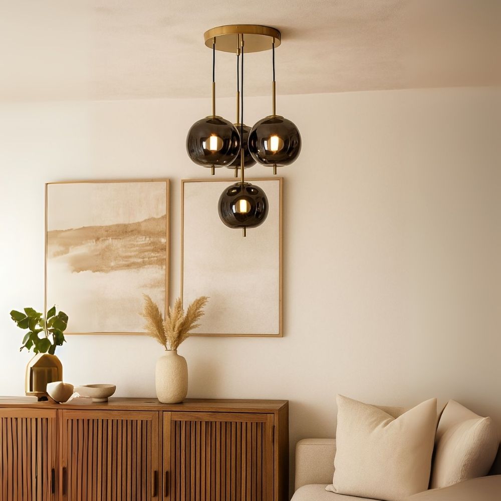 Designer 4-Light Amber/Smoke Grey Glass Pendant - Antique Gold Modern Ceiling Chandelier