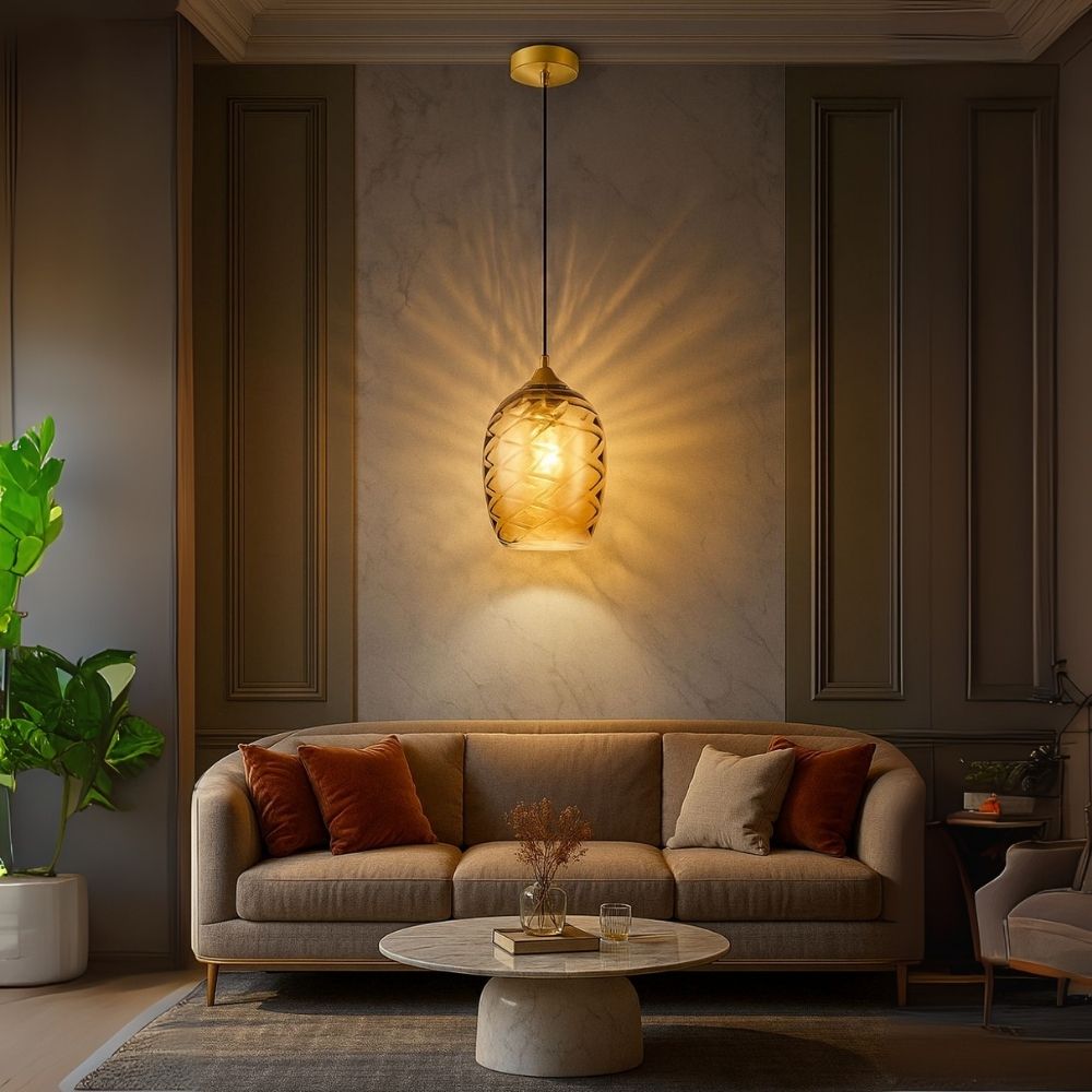 Elegant Amber, Green & Coffee Glass Pendant Light With Textured Metal Fixture