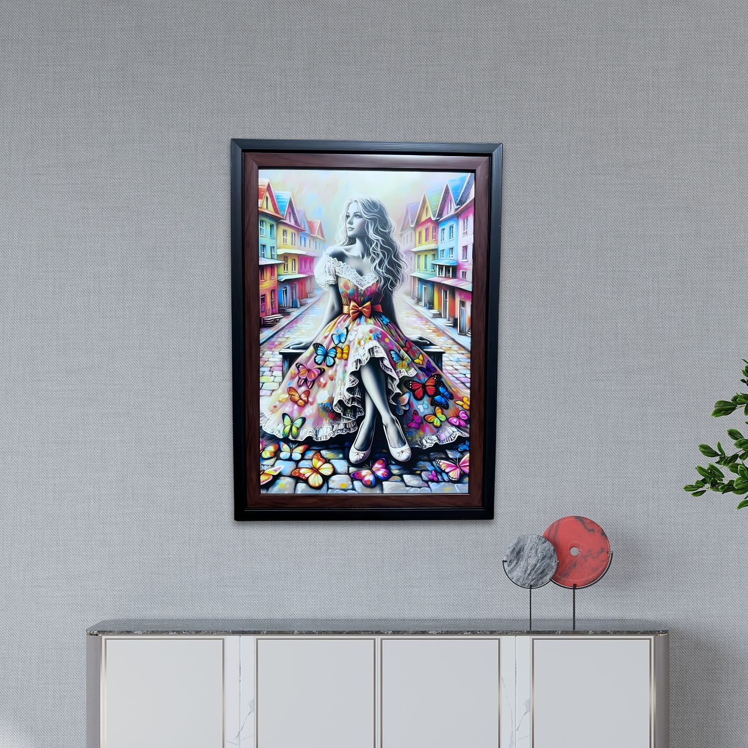 Colorful Butterfly Girl Painting With Frame - Dreamy Urban Street Art