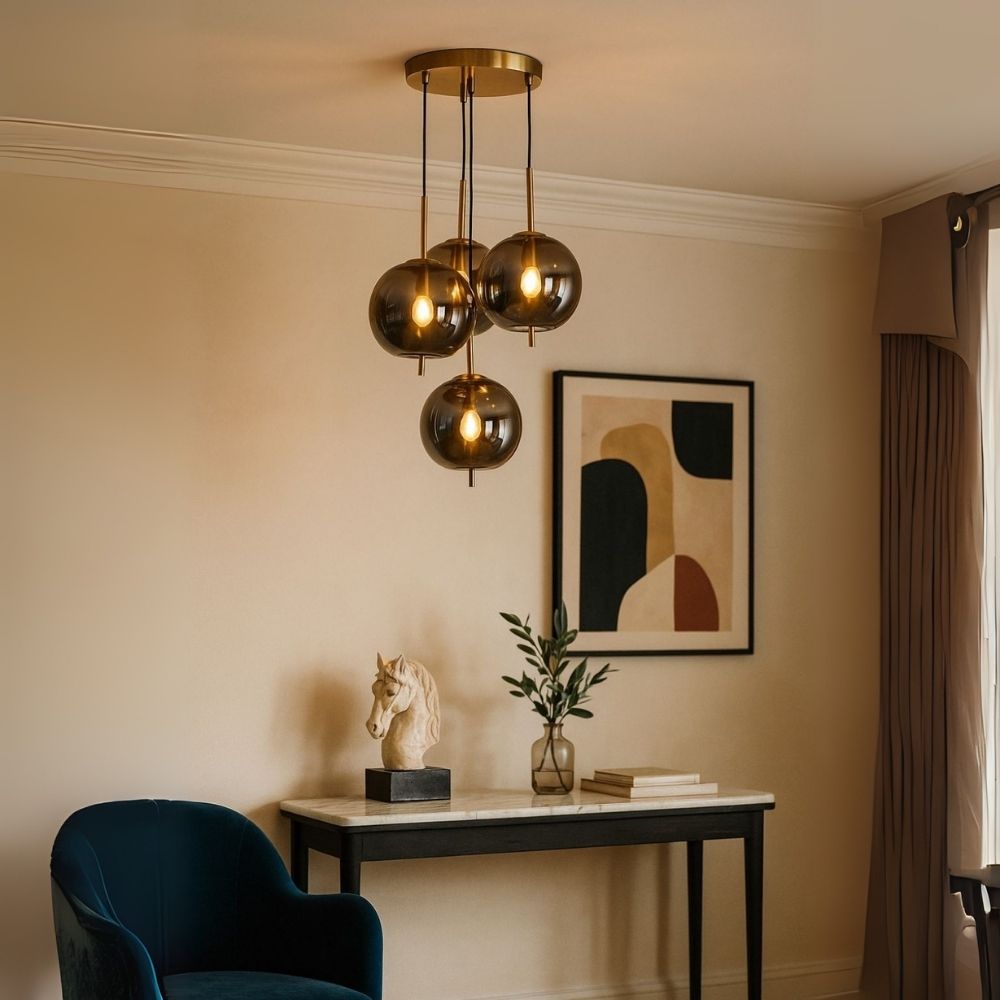 Designer 4-Light Amber/Smoke Grey Glass Pendant - Antique Gold Modern Ceiling Chandelier