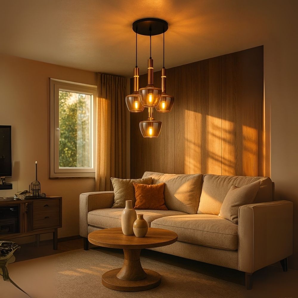 Luxury Amber/Smoke Grey Glass Pendant Light - Black Antique Gold 4-Light Chandelier