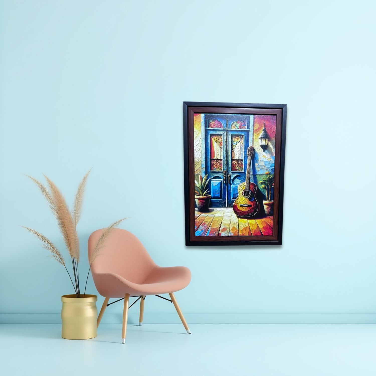 Rustic Guitar by Colorful Doorway - Framed Artistic Wall Painting Print
