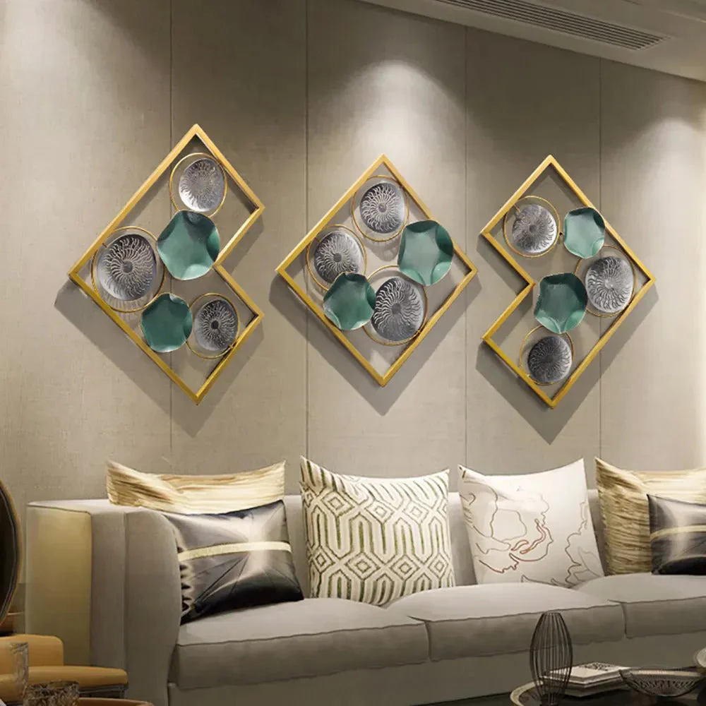Modern 3D Geometric Metal Wall Art – Gold & Teal Accents
