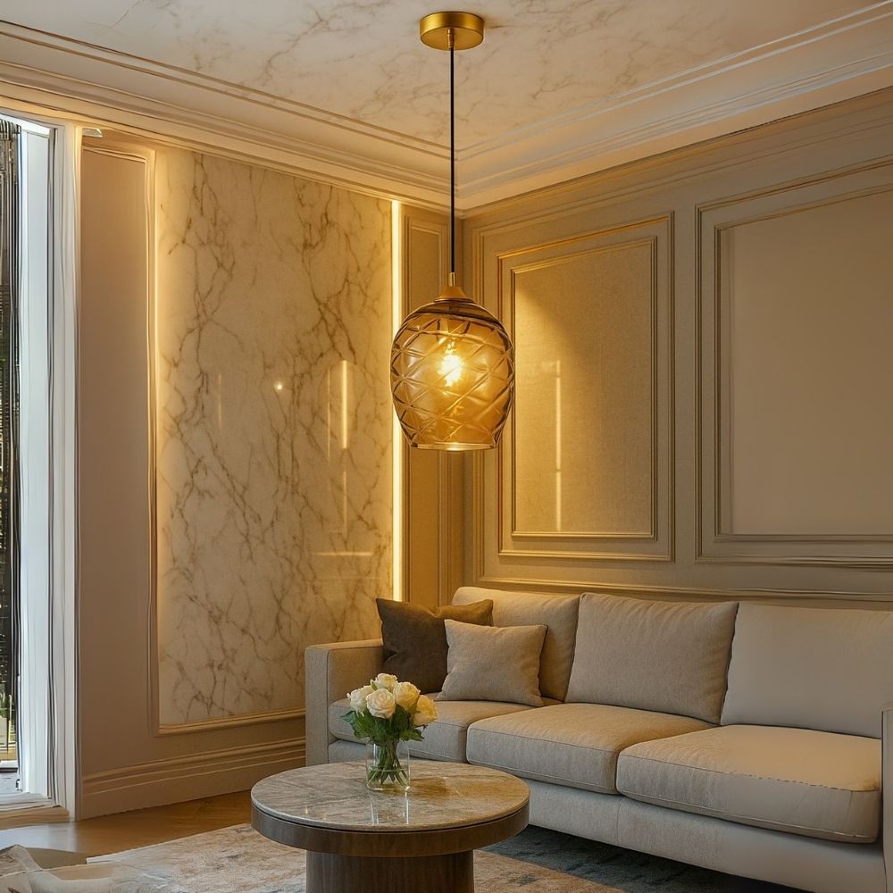 Elegant Amber, Green & Coffee Glass Pendant Light With Textured Metal Fixture