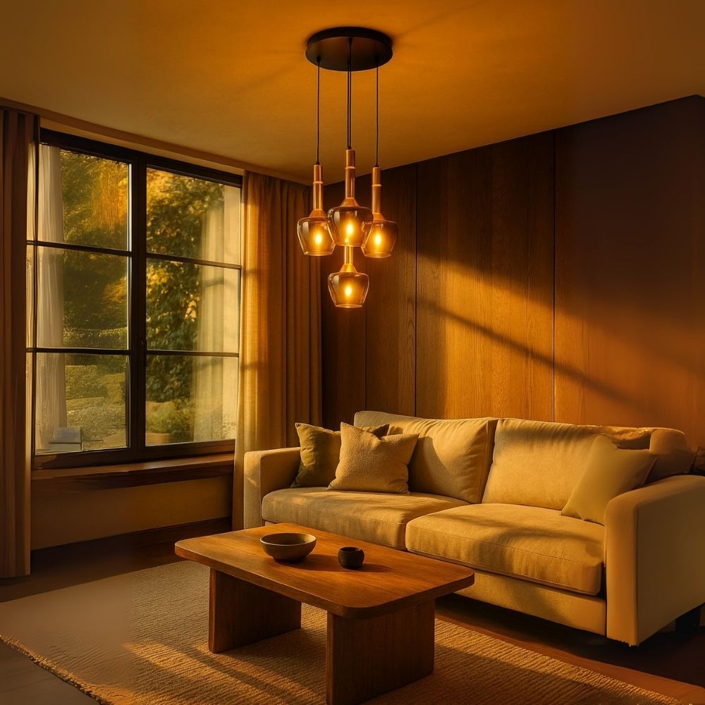 Luxury Amber/Smoke Grey Glass Pendant Light - Black Antique Gold 4-Light Chandelier