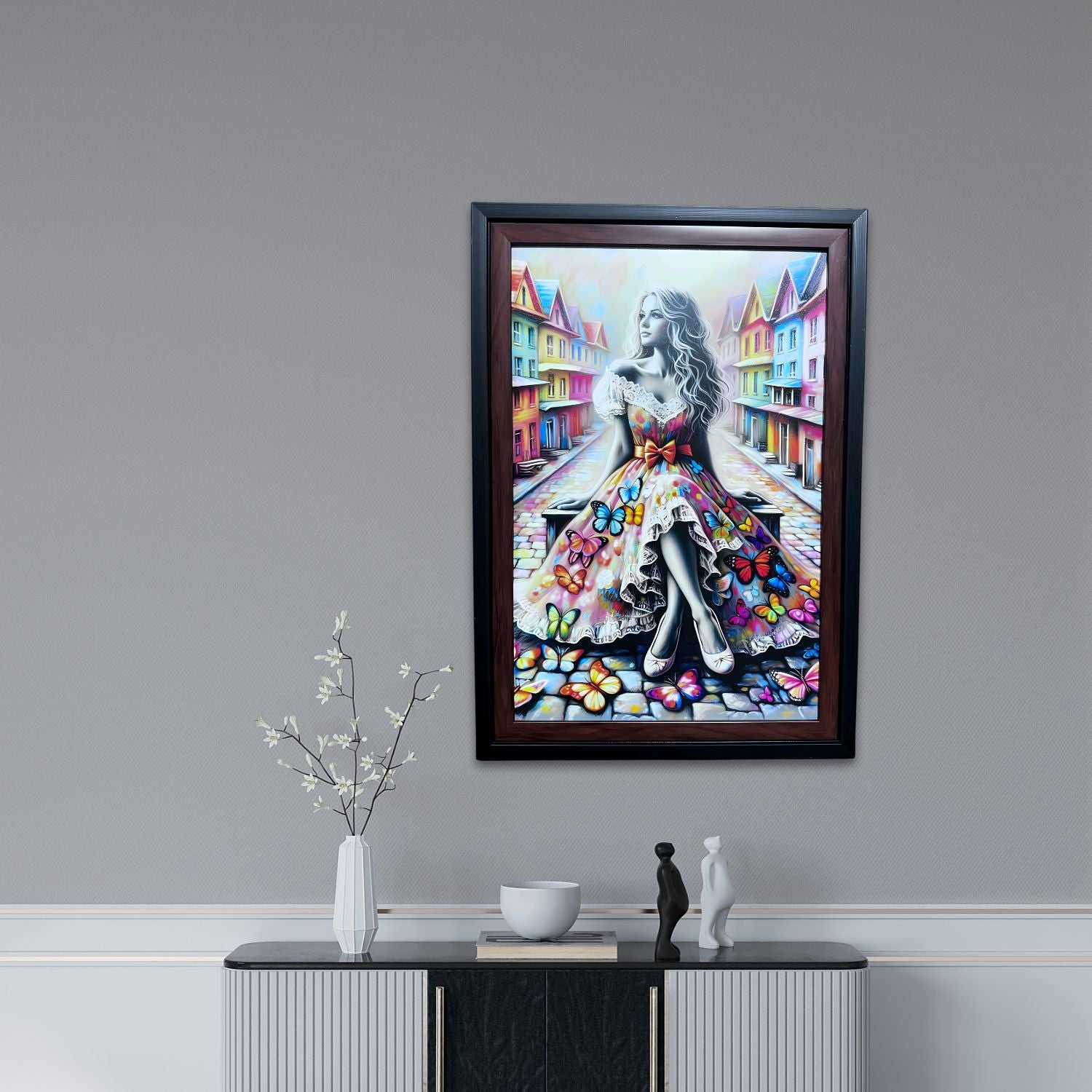 Colorful Butterfly Girl Painting With Frame - Dreamy Urban Street Art