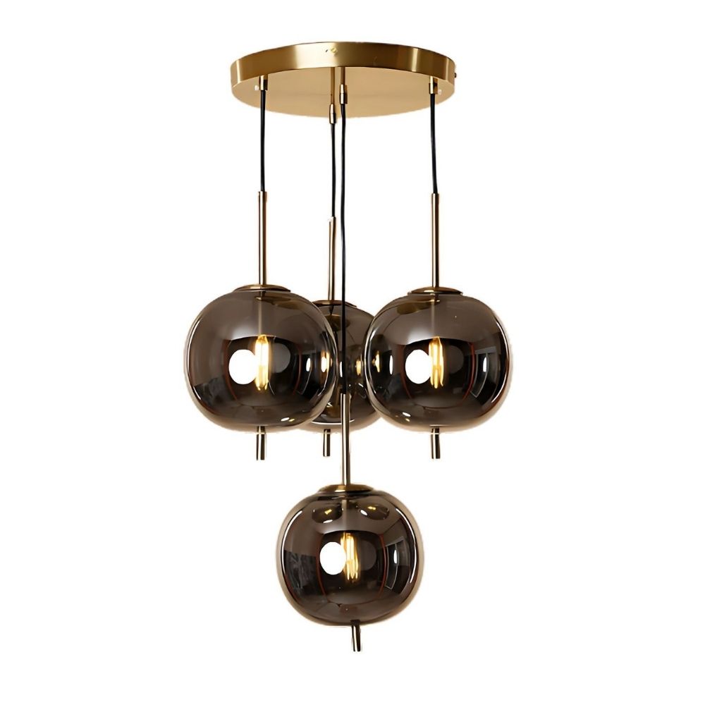 Designer 4-Light Amber/Smoke Grey Glass Pendant - Antique Gold Modern Ceiling Chandelier