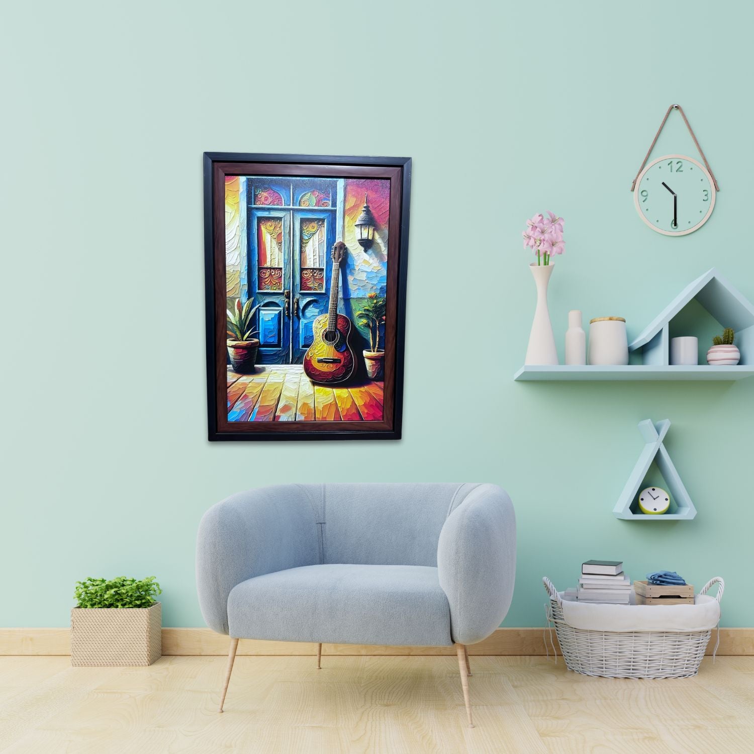 Rustic Guitar by Colorful Doorway - Framed Artistic Wall Painting Print