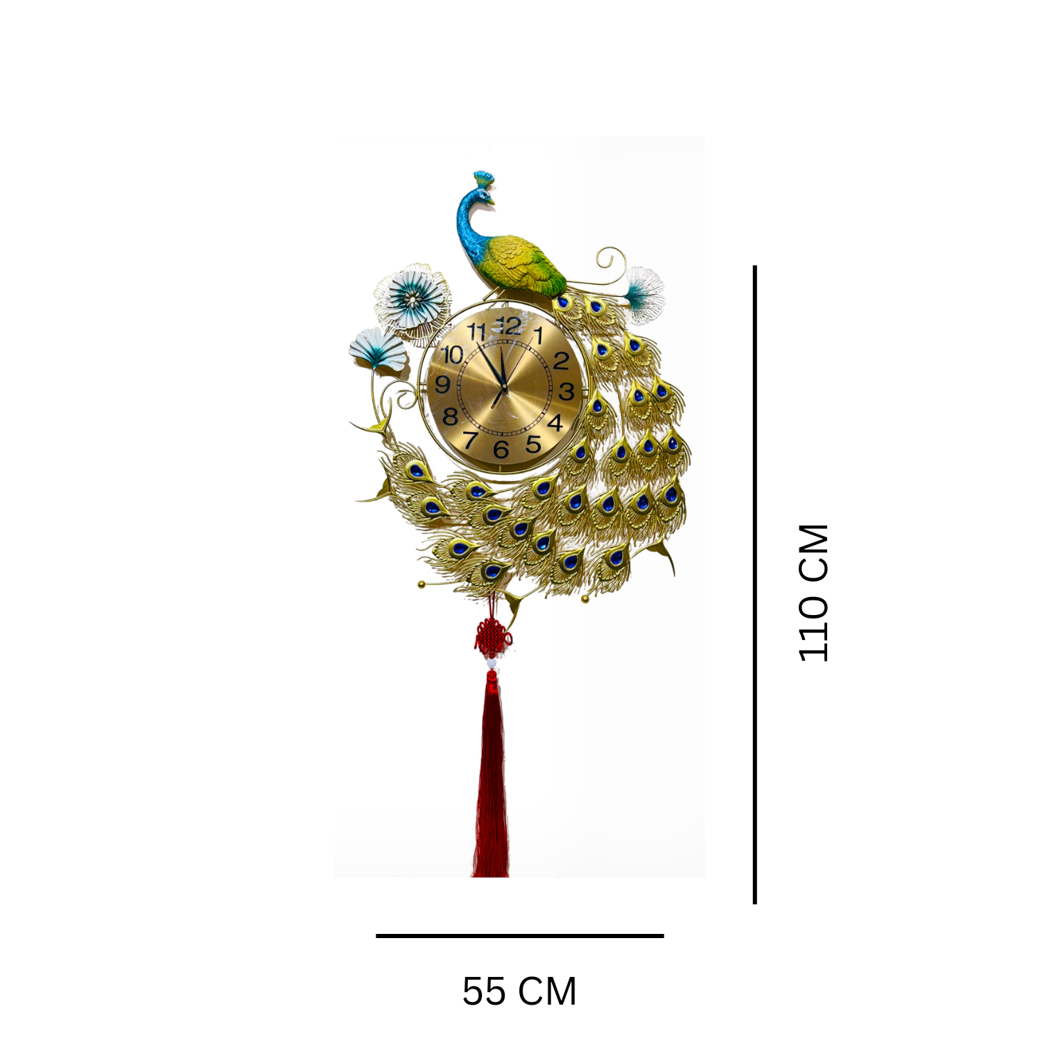 Luxury Peacock Wall Clock with Decorative Feathers and Tassel - Nestern