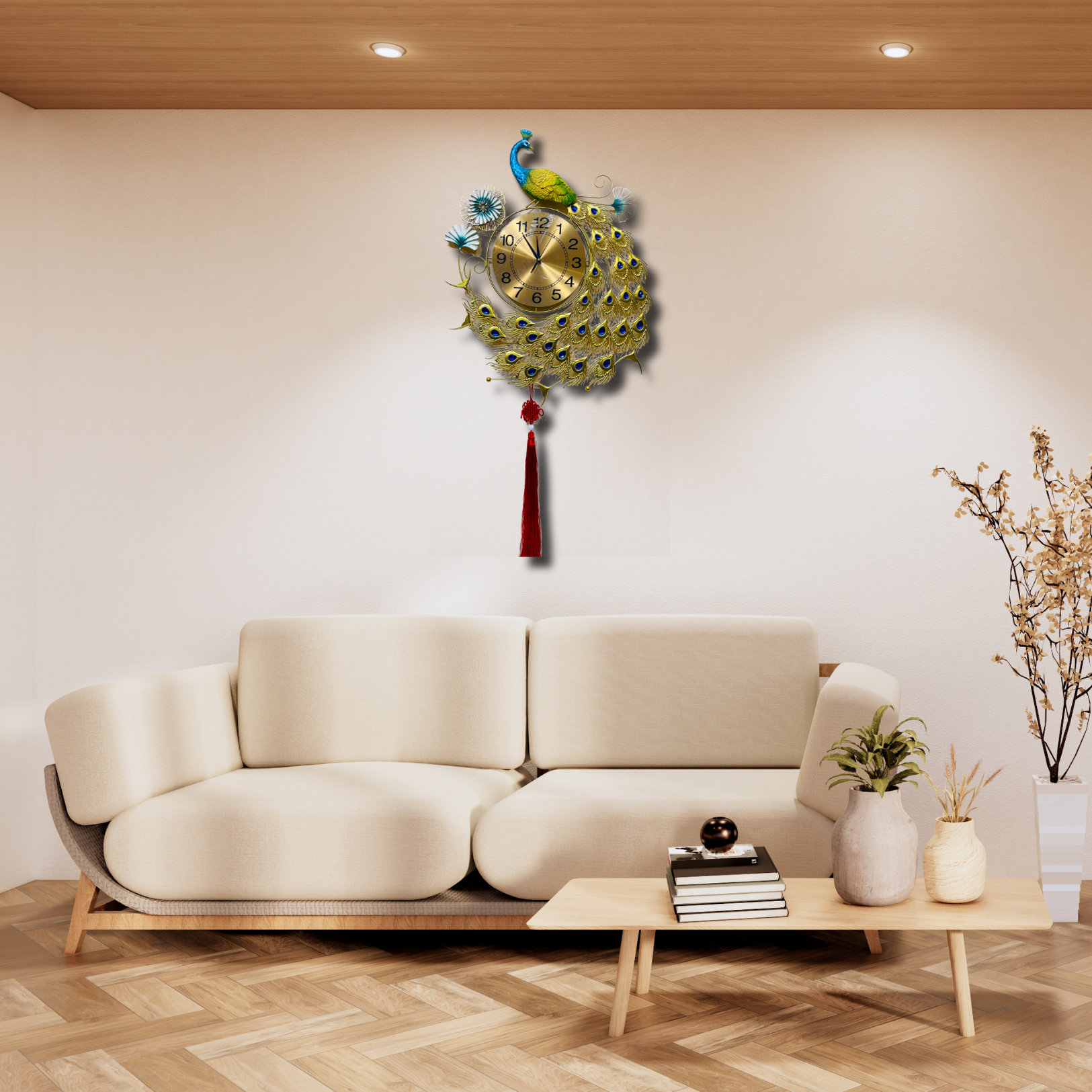 Luxury Peacock Wall Clock with Decorative Feathers and Tassel - Nestern