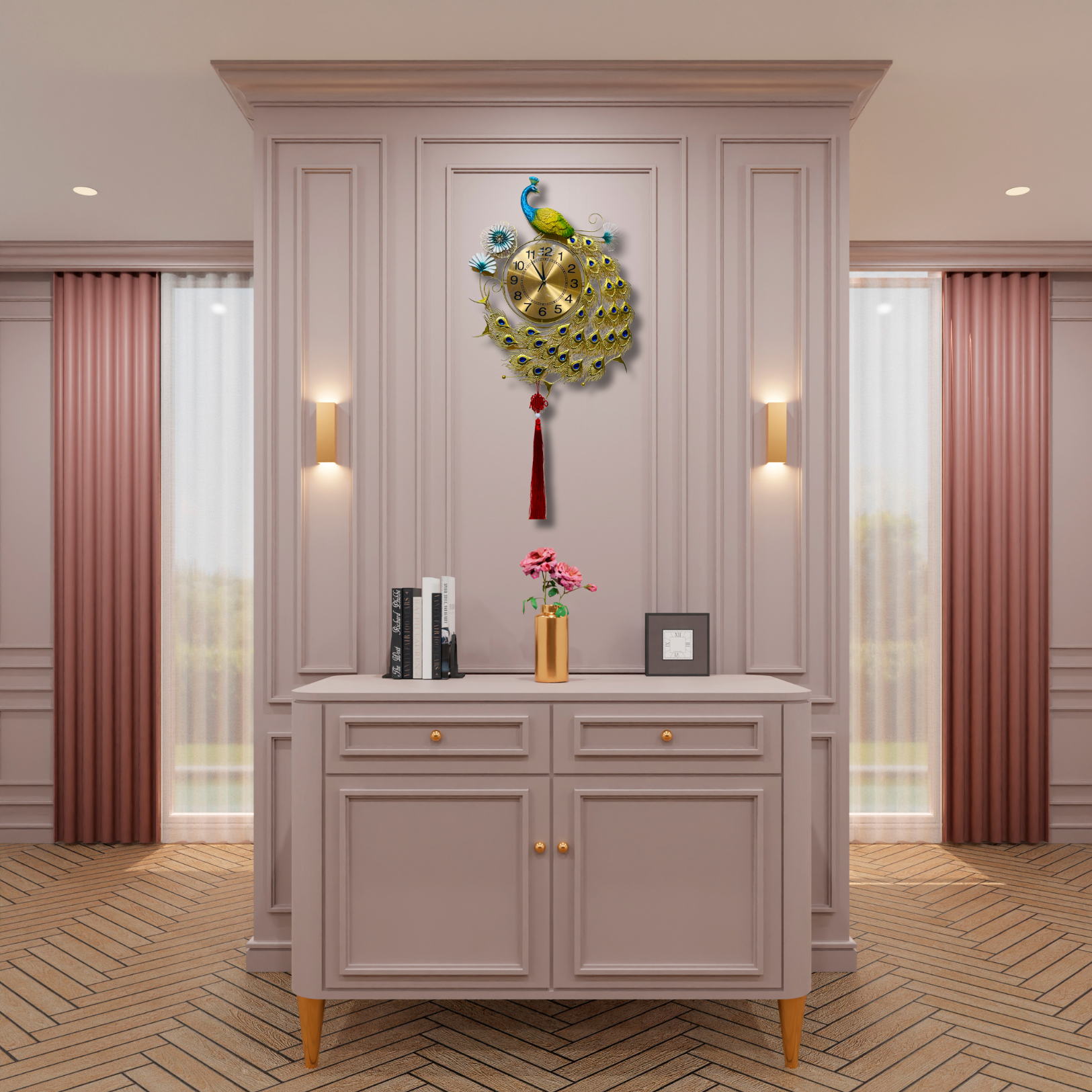 Luxury Peacock Wall Clock with Decorative Feathers and Tassel - Nestern