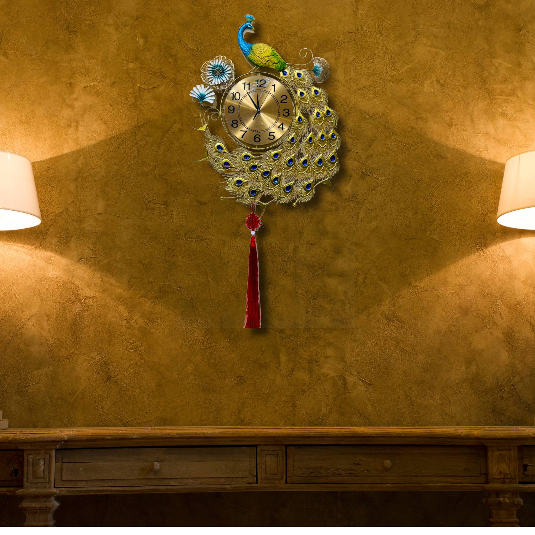 Luxury Peacock Wall Clock with Decorative Feathers and Tassel - Nestern