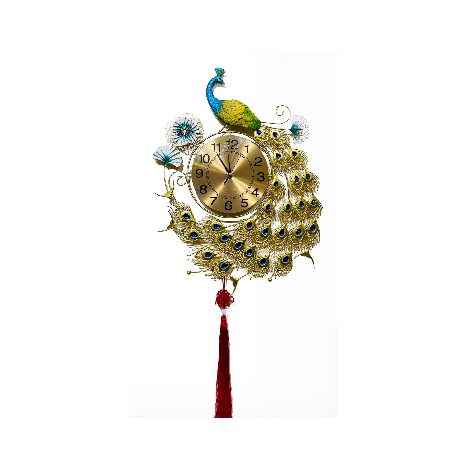 Luxury Peacock Wall Clock with Decorative Feathers and Tassel - Nestern
