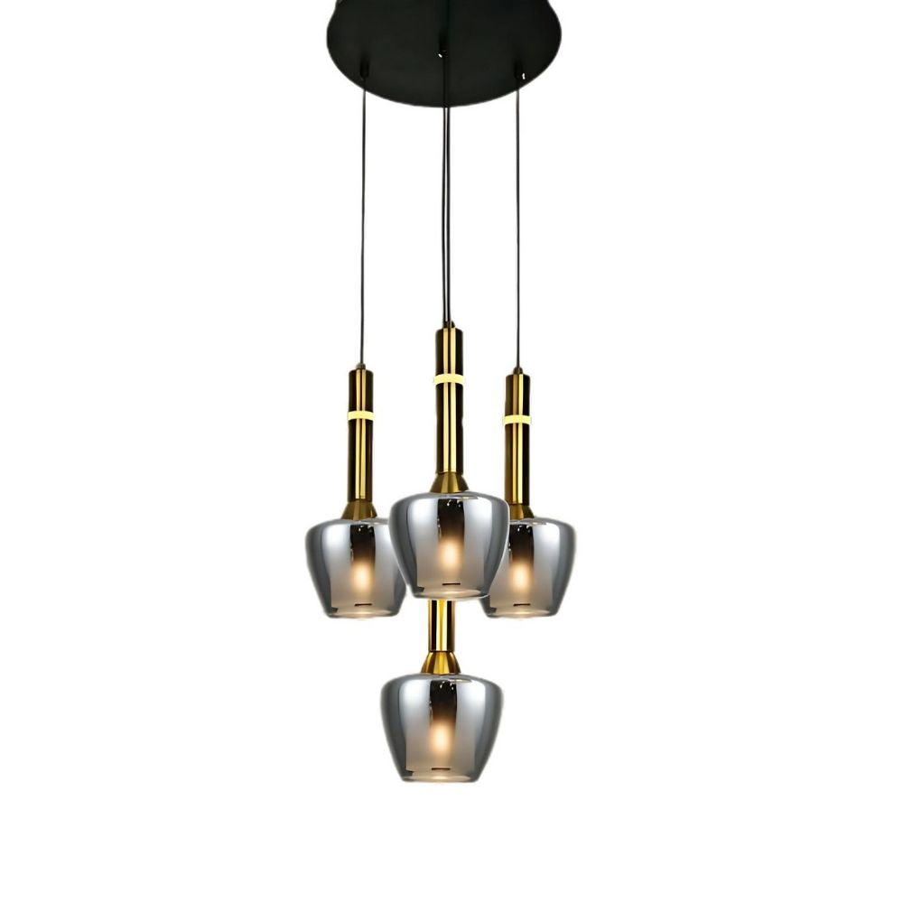 Luxury Amber/Smoke Grey Glass Pendant Light - Black Antique Gold 4-Light Chandelier