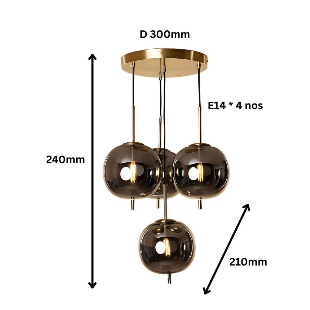 Designer 4-Light Amber/Smoke Grey Glass Pendant - Antique Gold Modern Ceiling Chandelier