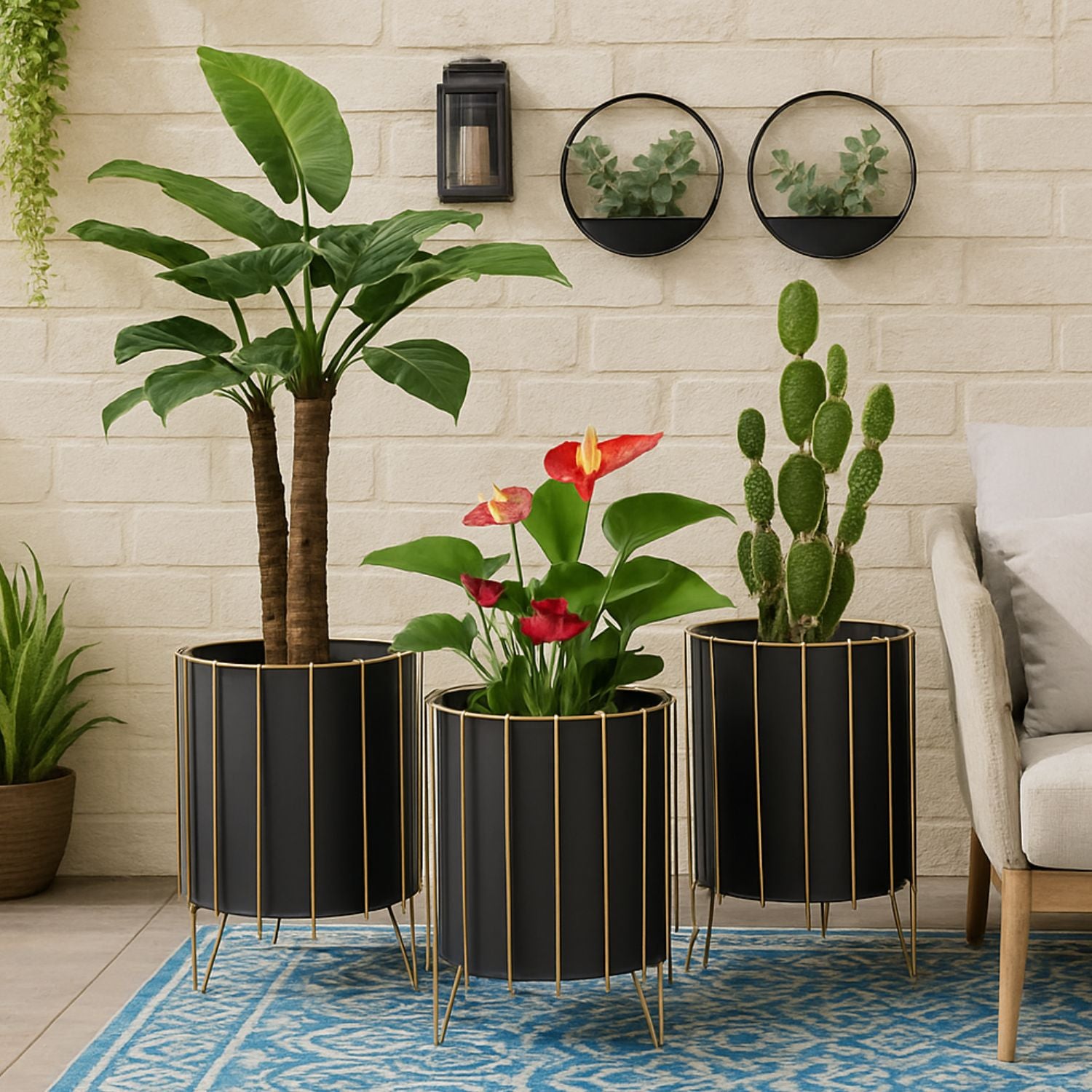 Modern Round Metal Plant Stand Set With Gold Frame - 3 Sizes